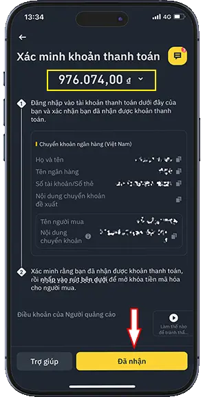 Bước 13: Màn hình xác minh thanh toán xuất hiện, kiểm tra số dư tài khoản ngân hàng , nếu đã nhận được khoản thanh toán đúng số tiền và nội dung hiển thị thì ấn vào nút Đã nhận